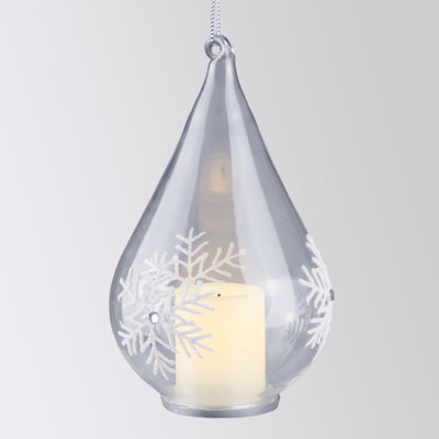 LED-Glastropfen mit Kerze & Schneeflocken, H 15 x Ø 9 cm LED-Glastropfen mit Kerze & Schneeflocken, H 15 x Ø 9 cm