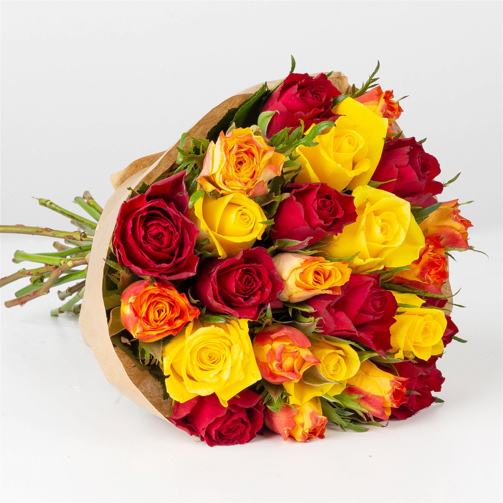 Blumenbund mit gemischten Rosen, rot/gelb, 25er-Bund, inkl. gratis Grußkarte