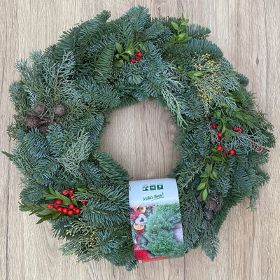 Adventskranz, Mix-Grün mit roten Beeren, halbrund gebunden, ca. 40 cm Ø Adventskranz, Mix-Grün mit roten Beeren, halbrund gebunden, ca. 40 cm Ø