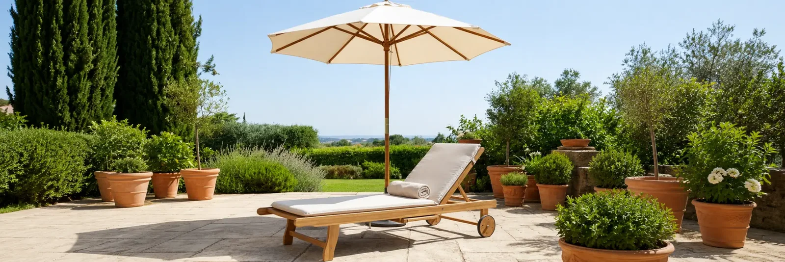 Gemütliche Sonnenliege auf grüner Terrasse unter einem beigen Sonnenschirm