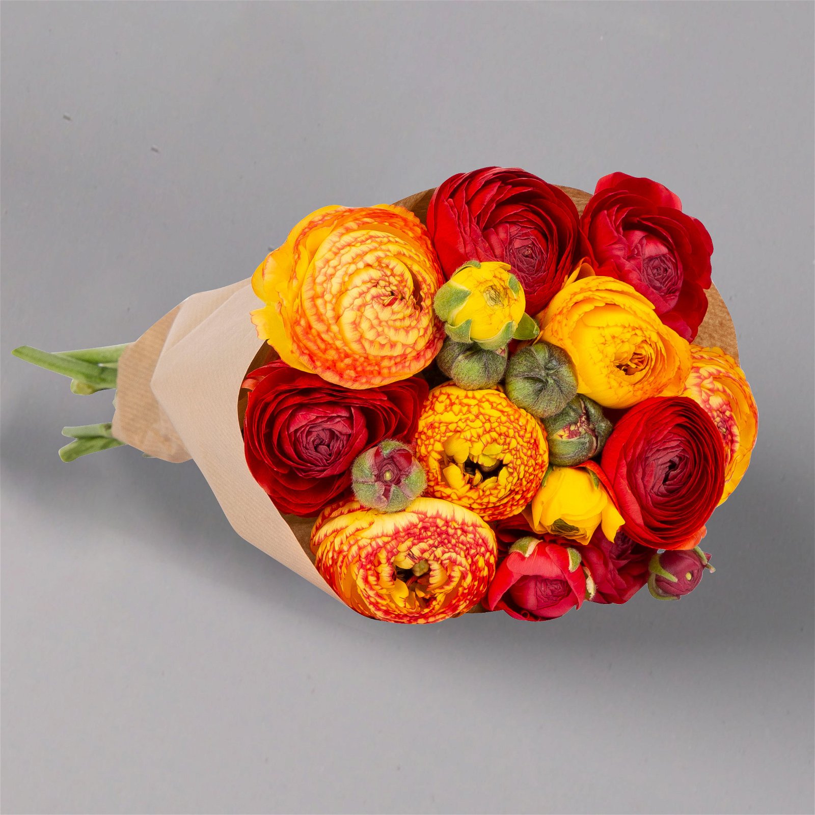 Blumenbund mit Ranunkeln, 10er-Bund, rot & orange, inkl. gratis Grußkarte
