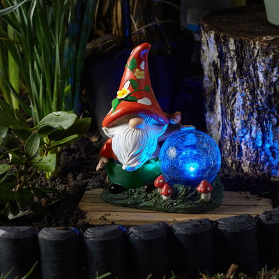 Zwerg mit Solarkugel 'Woodland Wizard', bunt, ca. 30 x 9 x 16 cm