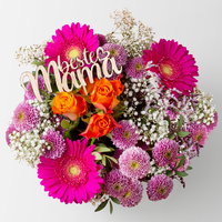 Blumenstrauß 'Orange meets Pink' ink. Stecker 'Beste Mama' handgebunden, Größe M