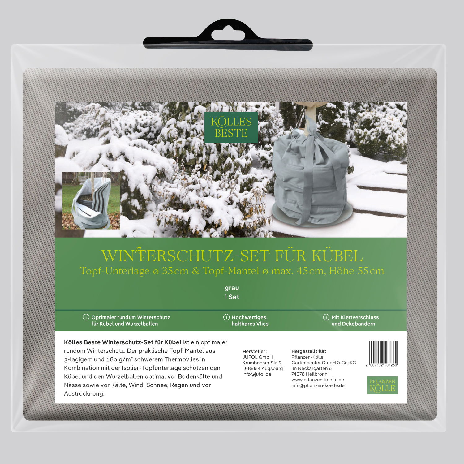 Kölles Beste Winterschutz-Set, Topfmantel & Topfunterlage, grau