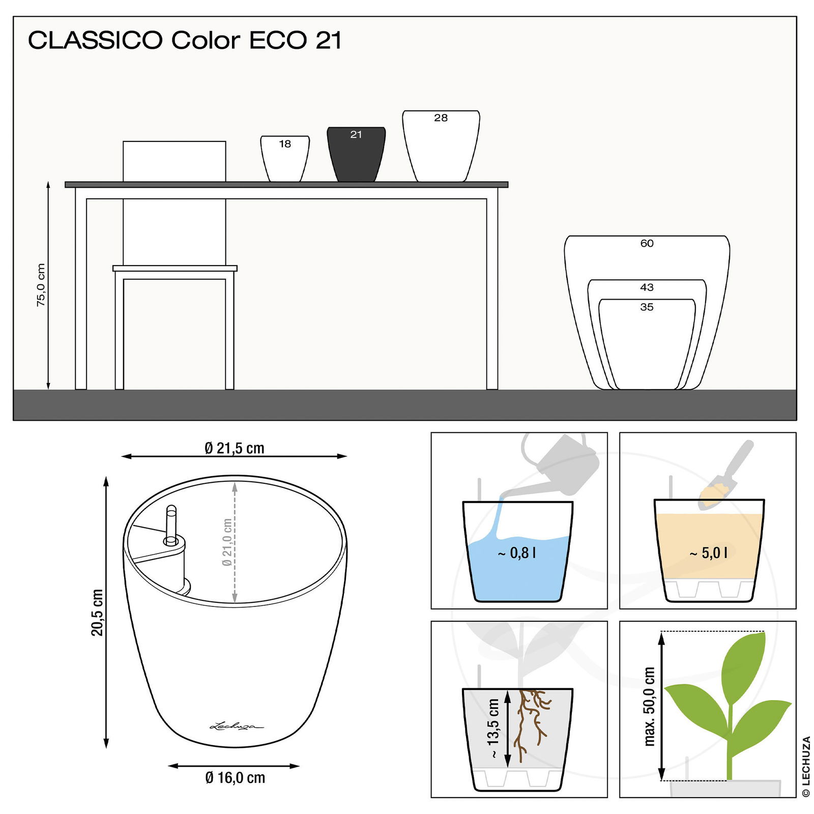 Lechuza 'Classico Color ECO 21', grau, Ø 21,5 x H 20,5 cm