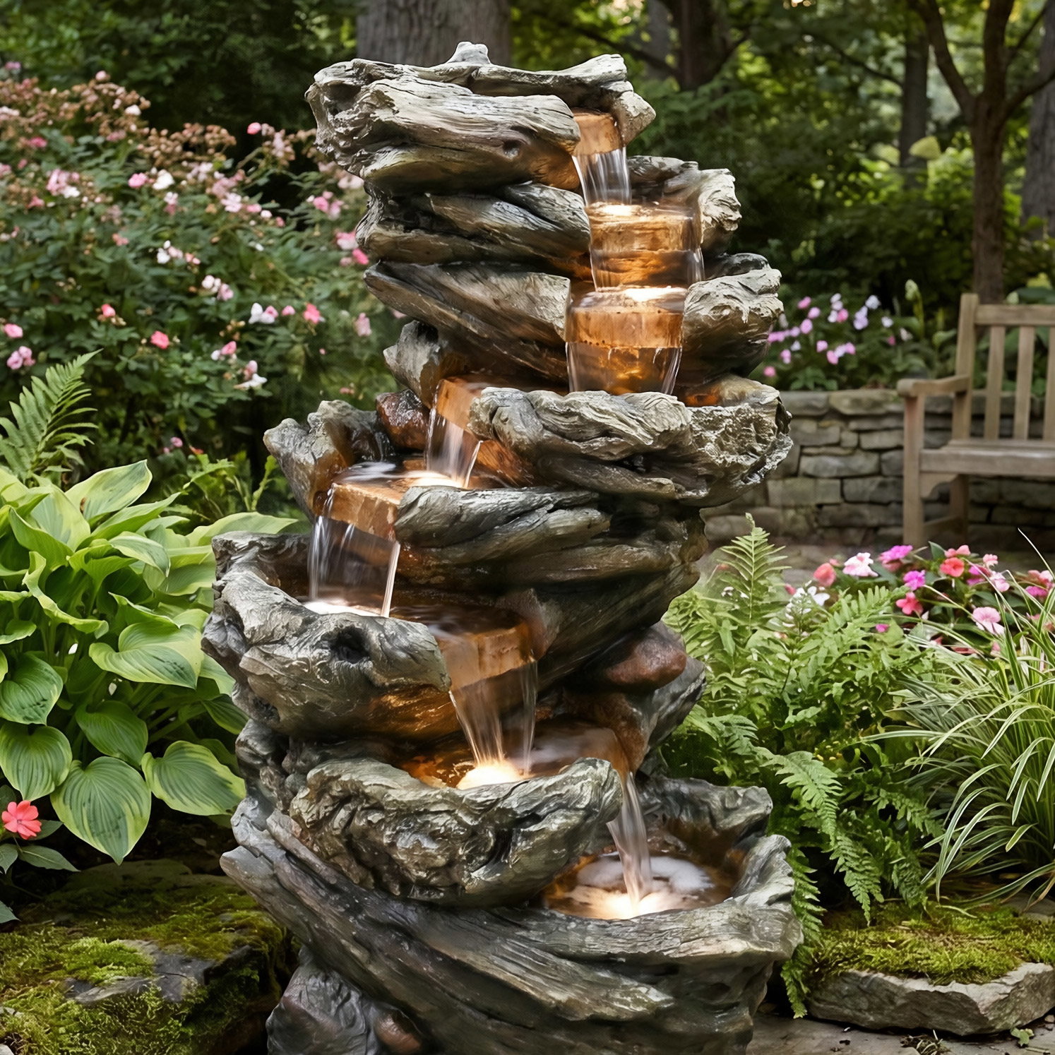 Gartenbrunnen mit Warmlicht, Echtholzoptik, 61 x 45 x 102 cm Gartenbrunnen mit Warmlicht, Echtholzoptik, 61 x 45 x 102 cm