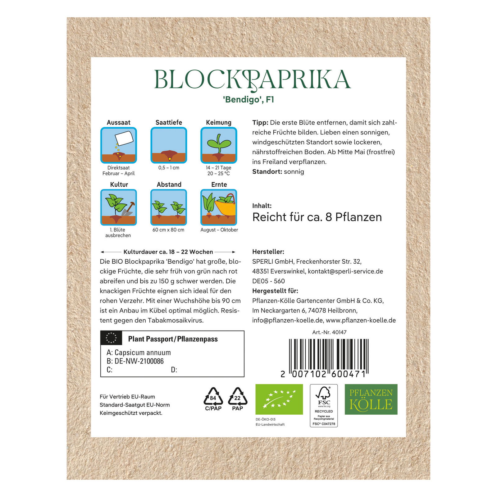 Kölle Bio Gemüsesamen, Blockpaprika 'Bendigo'
