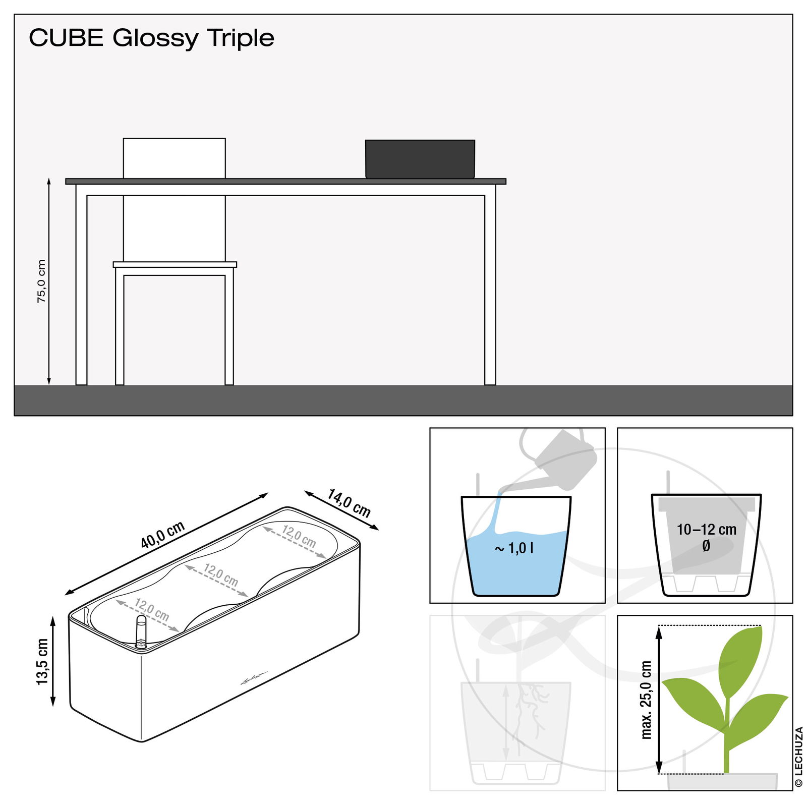 Lechuza® 'Cube Glossy Triple', weiß highgloss, 14 x 40 x H 13,5 cm