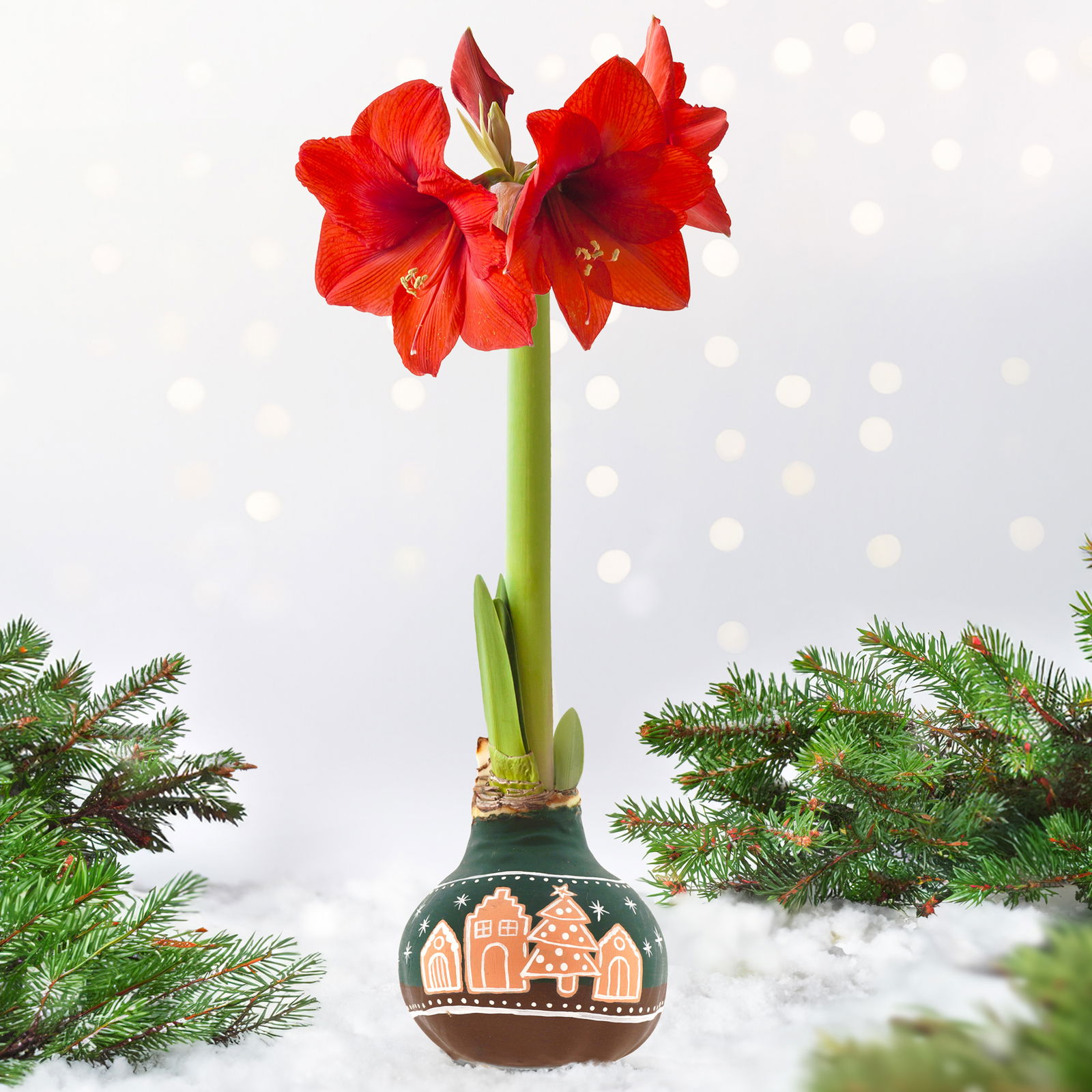 Amaryllis in Wachs, Dekor 'Lebkuchen', handbemalt, Blüte rot