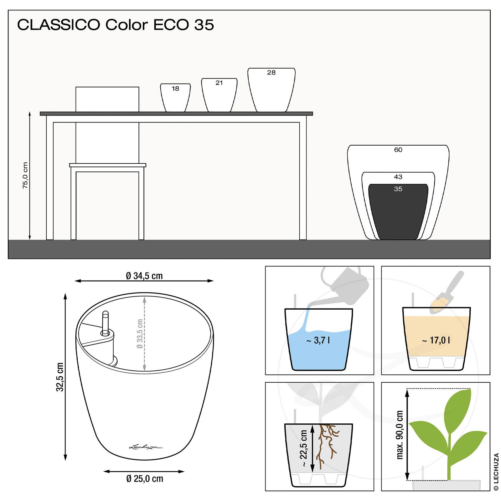 Lechuza 'Classico Color ECO 35', grau, Ø 34,5 x H 32,5 cm