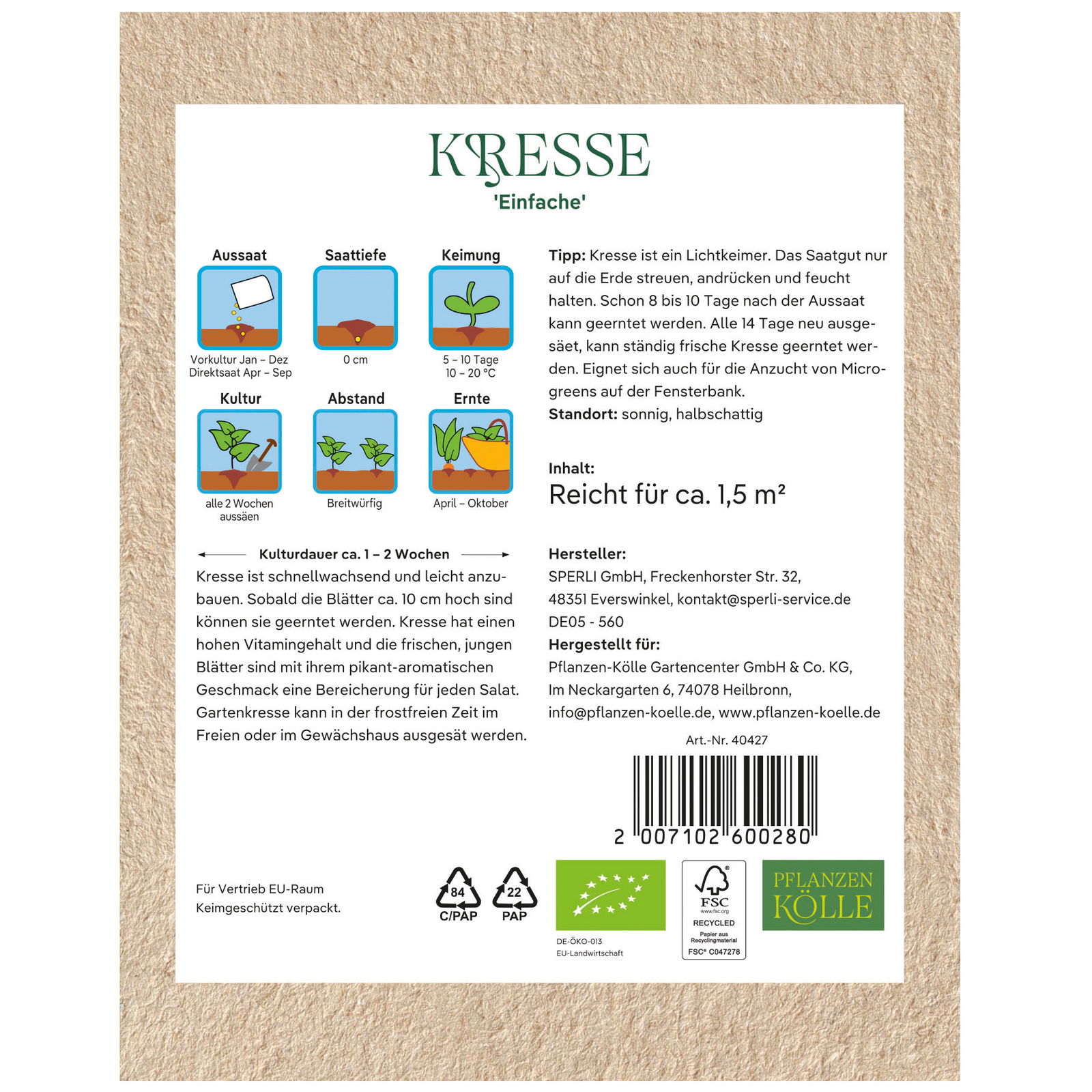 Kölle Bio Kräutersamen, Kresse 'Einfache'