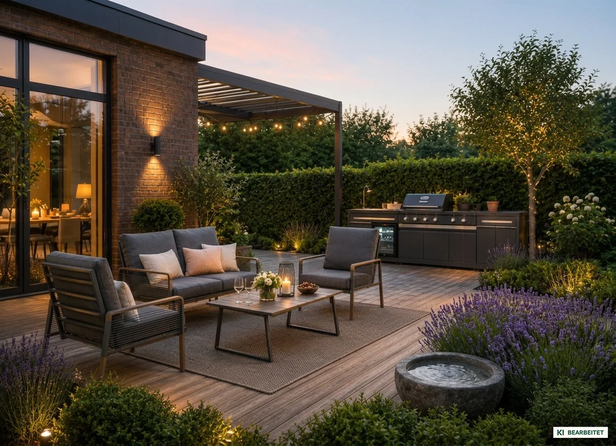 Gemütliche Sommerterrasse mit Gartenmöbeln, Gartenbrunnen, Outdoorküche und Beleuchtung Gemütliche Sommerterrasse mit Gartenmöbeln, Gartenbrunnen, Outdoorküche und Beleuchtung