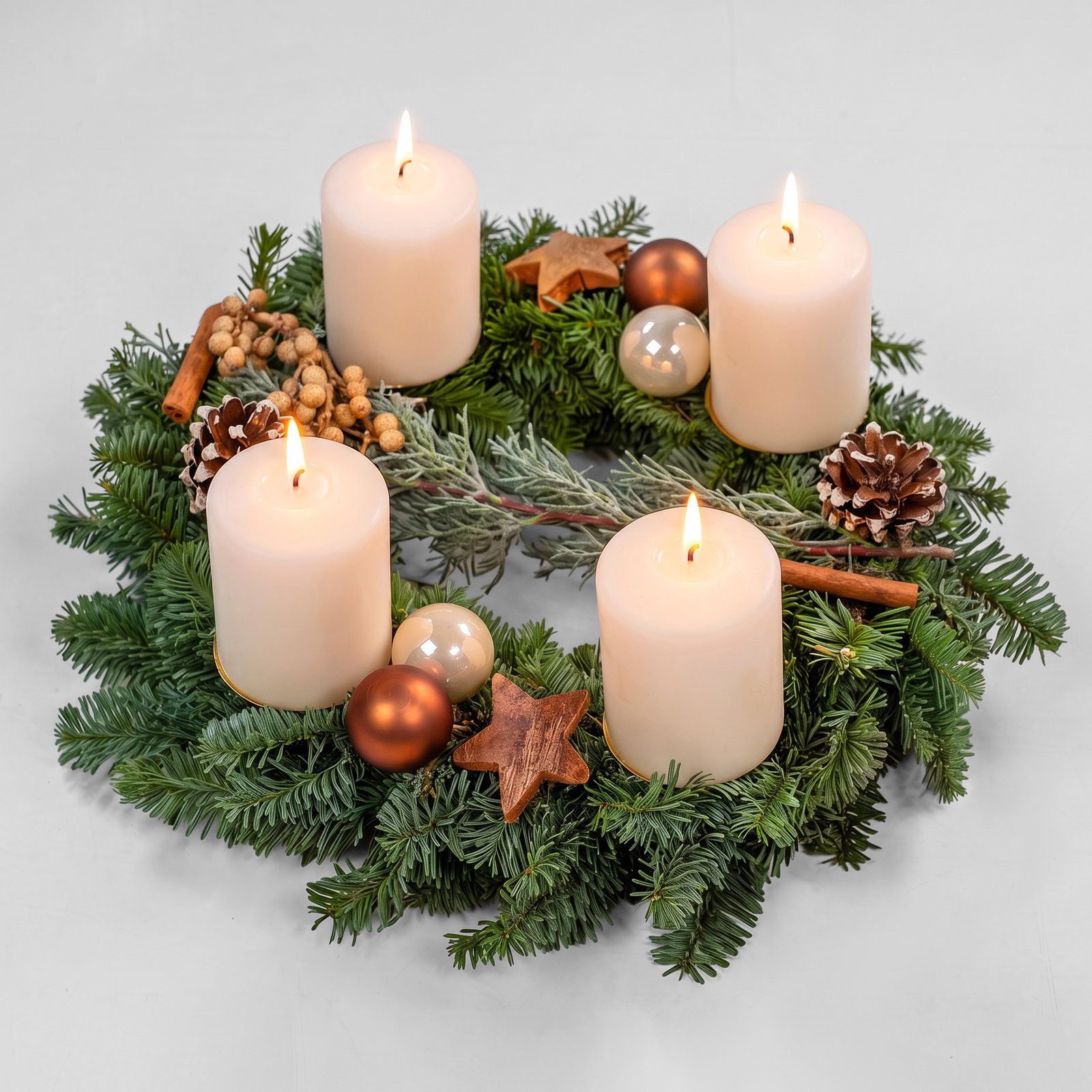 Dekorierter Adventskranz mit Stumpenkerzen in Wollweiß, Nobilistanne, ca 30 cm Ø