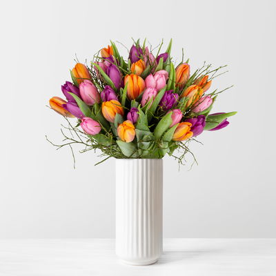 Schnittblumen-Mix aus 30 Tulpen in lila, pink & orange mit Heidelbeere