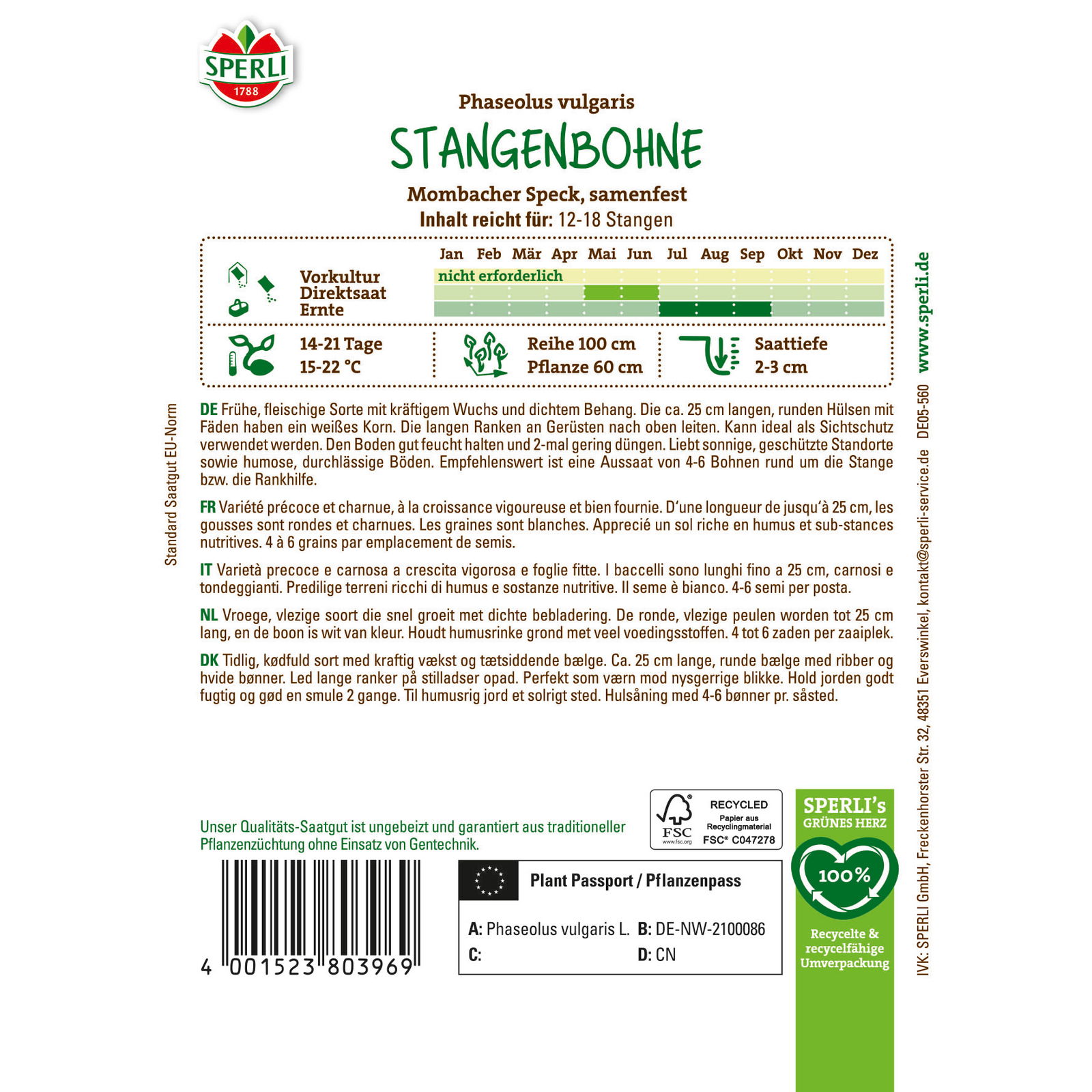 Sperli Saatgut Stangenbohne 'Mombacher Speck', grün Sperli Saatgut Stangenbohne 'Mombacher Speck', grün