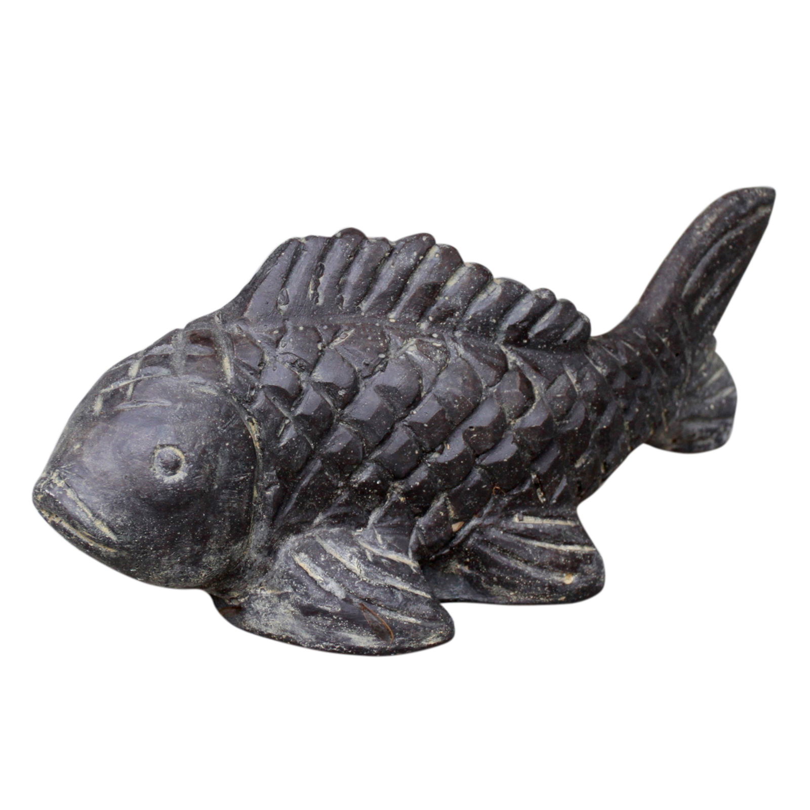 Fisch geschnitzt, grau, coloriert, Steinguss, 25 x 8 x 11 cm