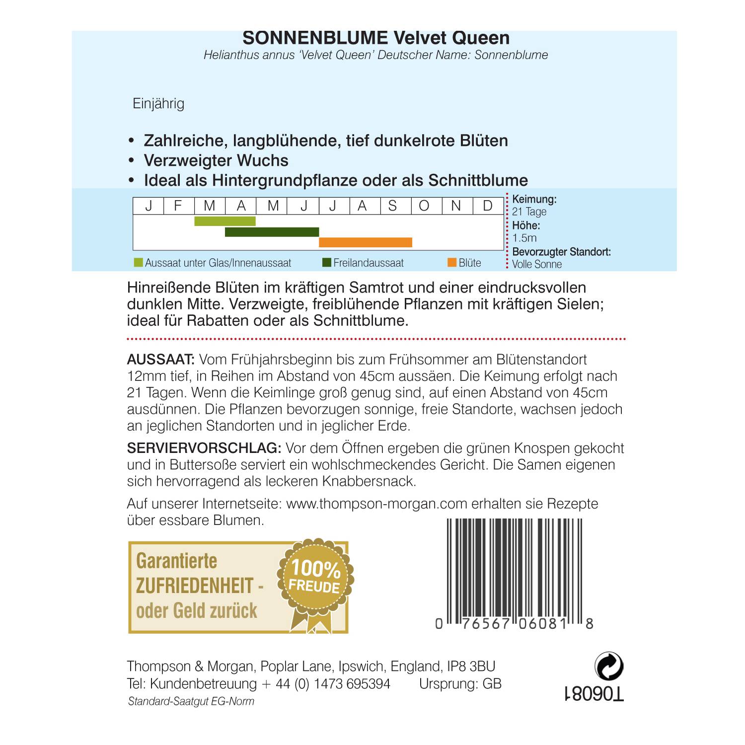 Thompson & Morgan Blumensamen Sonnenblumen Velvet Queen
