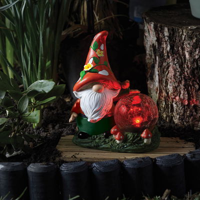 Zwerg mit Solarkugel 'Woodland Wizard', bunt, ca. 30 x 9 x 16 cm