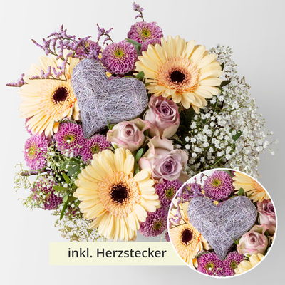 Blumenstrauß 'Apricot Attraction' inkl. Herzstecker lila, handgebunden, Größe M Blumenstrauß 'Apricot Attraction' inkl. Herzstecker lila, handgebunden, Größe M