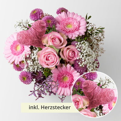 Blumenstrauß 'Pink Passion' inkl. Herz-Stecker, handgebunden, Größe M Blumenstrauß 'Pink Passion' inkl. Herz-Stecker, handgebunden, Größe M