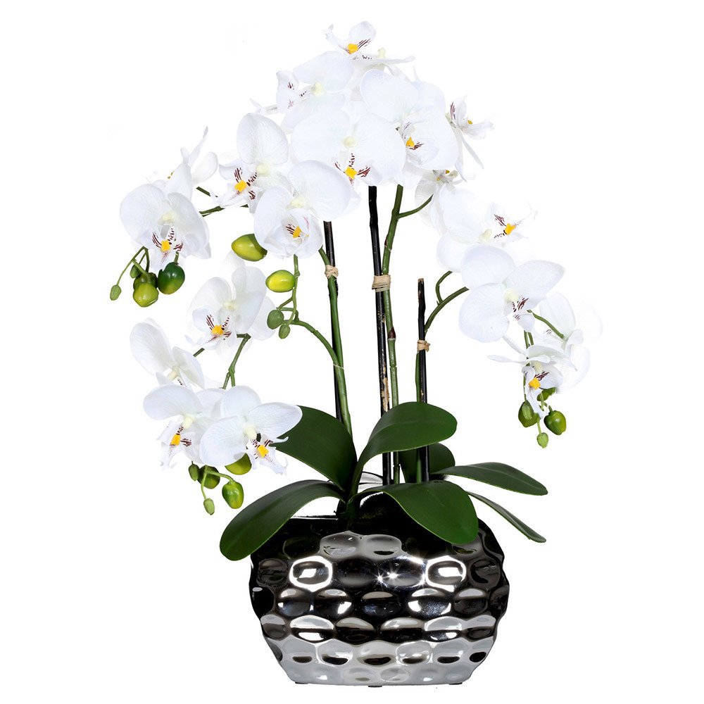 Kunstpflanze Orchidee weiß in silberfarbener Ovalvase, ca. 55 cm