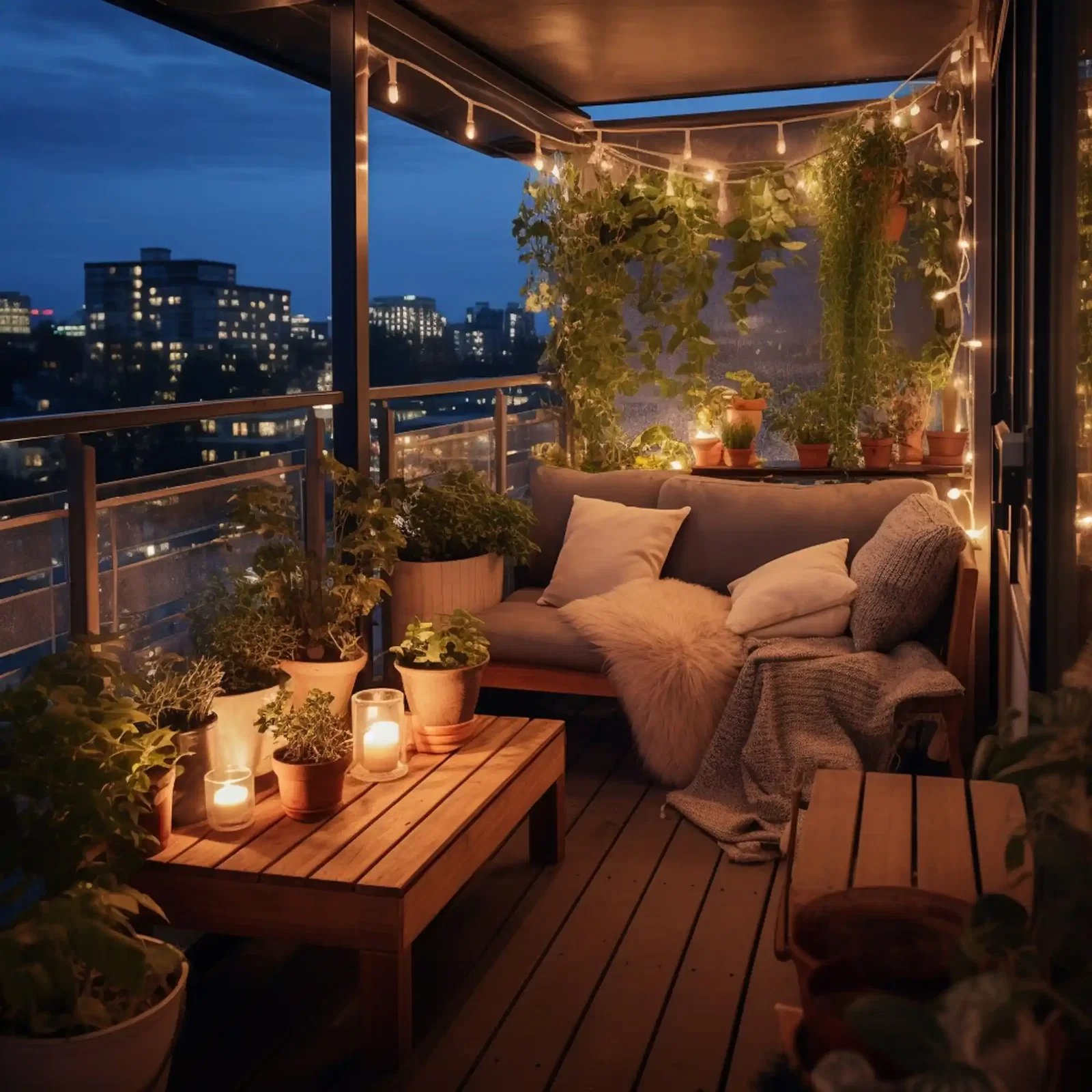 Gemütlicher Balkon mit Solarbeleuchtung am Abend