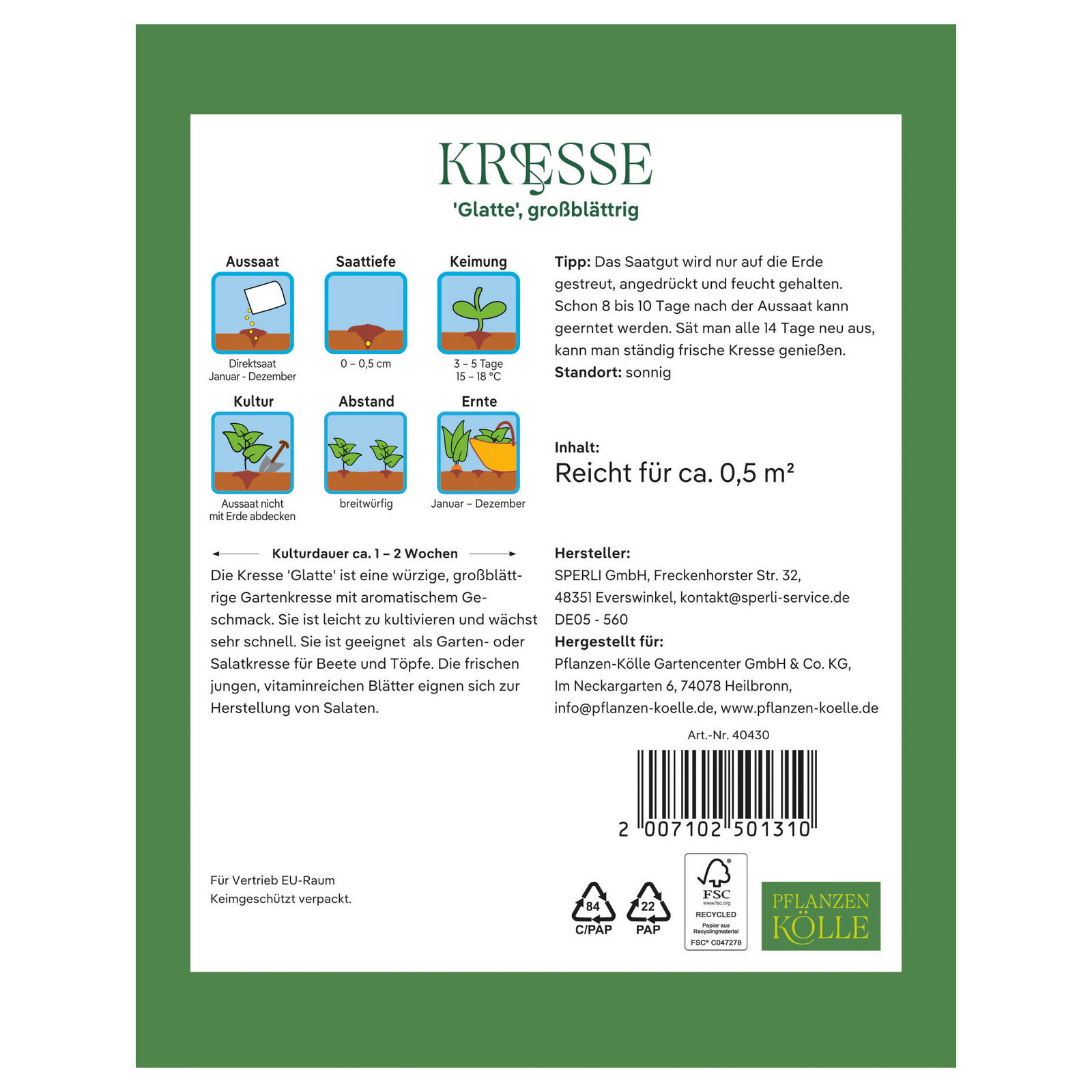 Kölles Beste Kräutersamen, Kresse 'Glatte', großblättrig