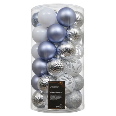 Kugelmix, 37 Kugeln, Ø 6 cm, blau, silber & weiß Kugelmix, 37 Kugeln, Ø 6 cm, blau, silber & weiß